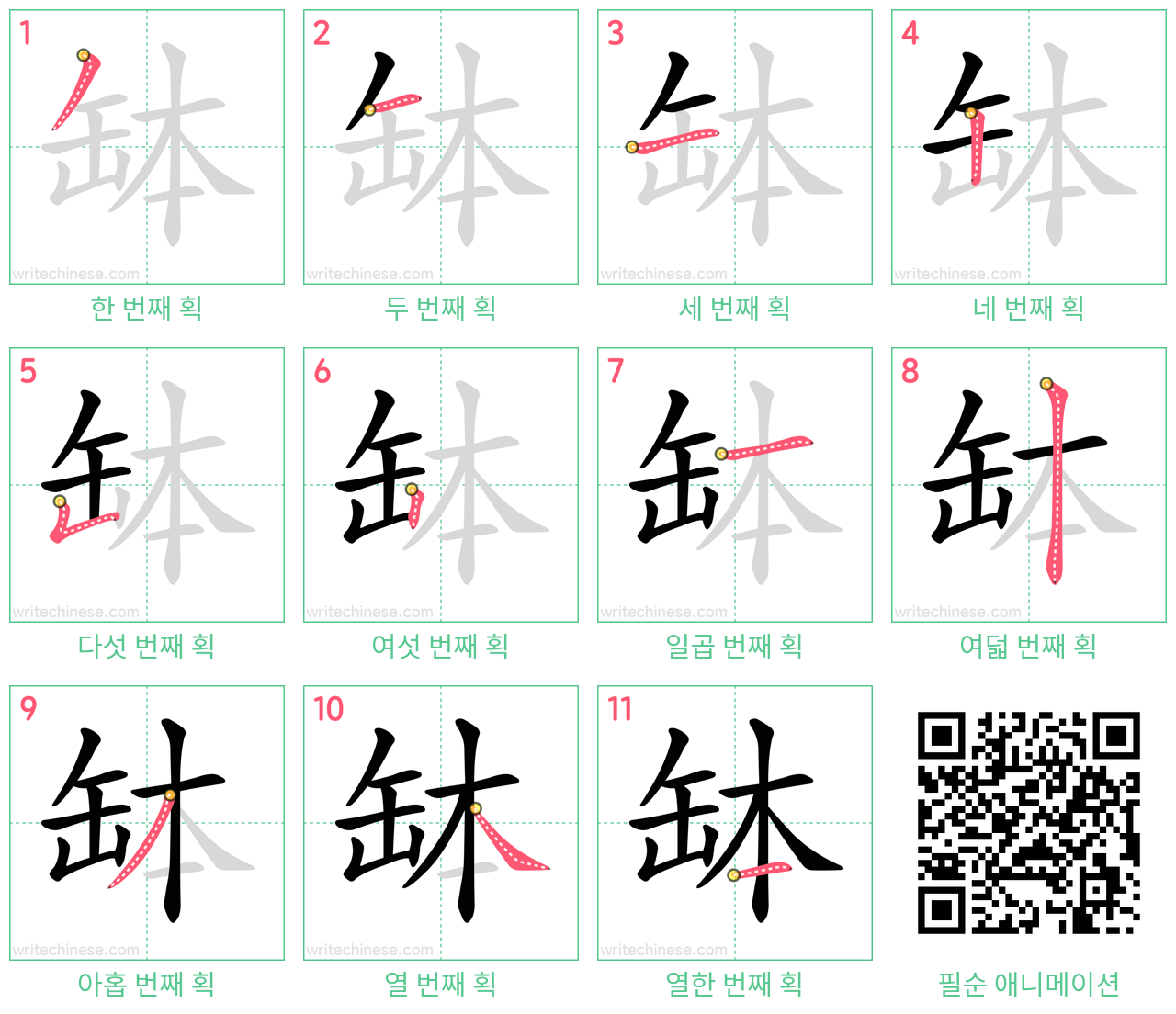 缽 step-by-step stroke order diagrams