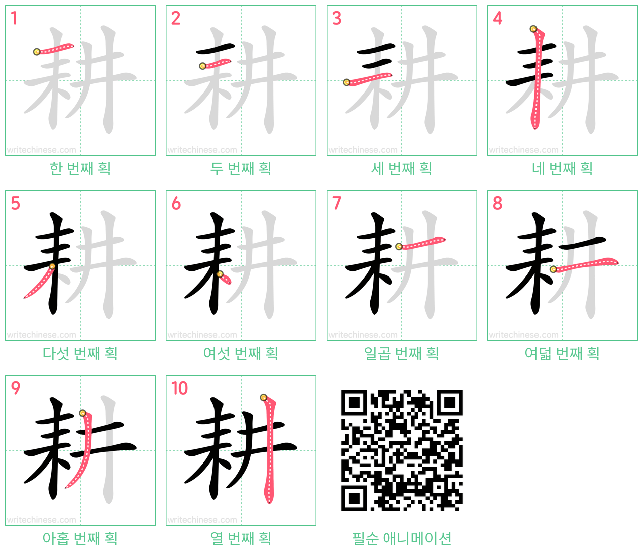 耕 step-by-step stroke order diagrams