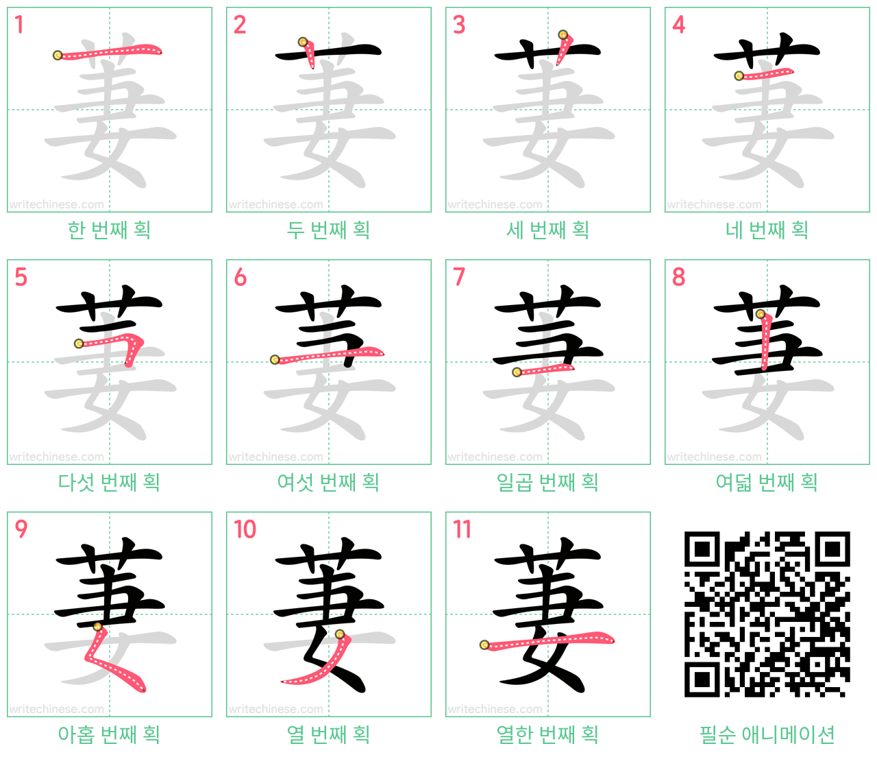 萋 step-by-step stroke order diagrams