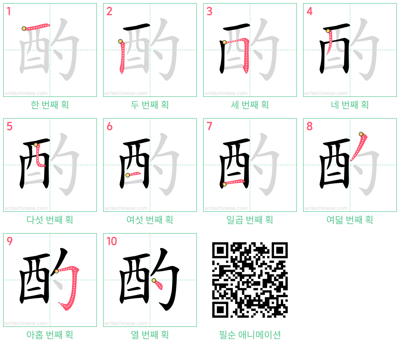 酌 step-by-step stroke order diagrams