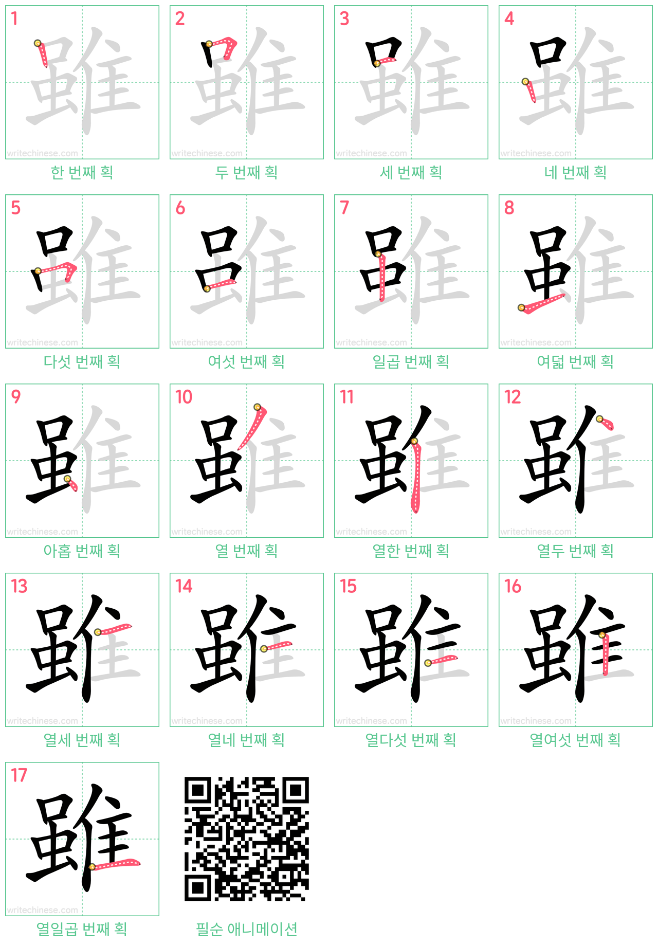 雖 step-by-step stroke order diagrams