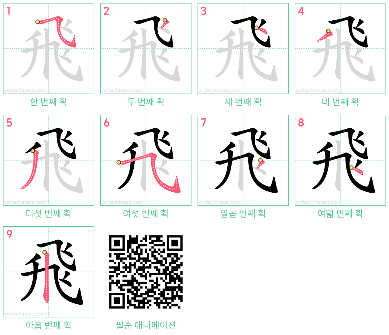 飛 step-by-step stroke order diagrams