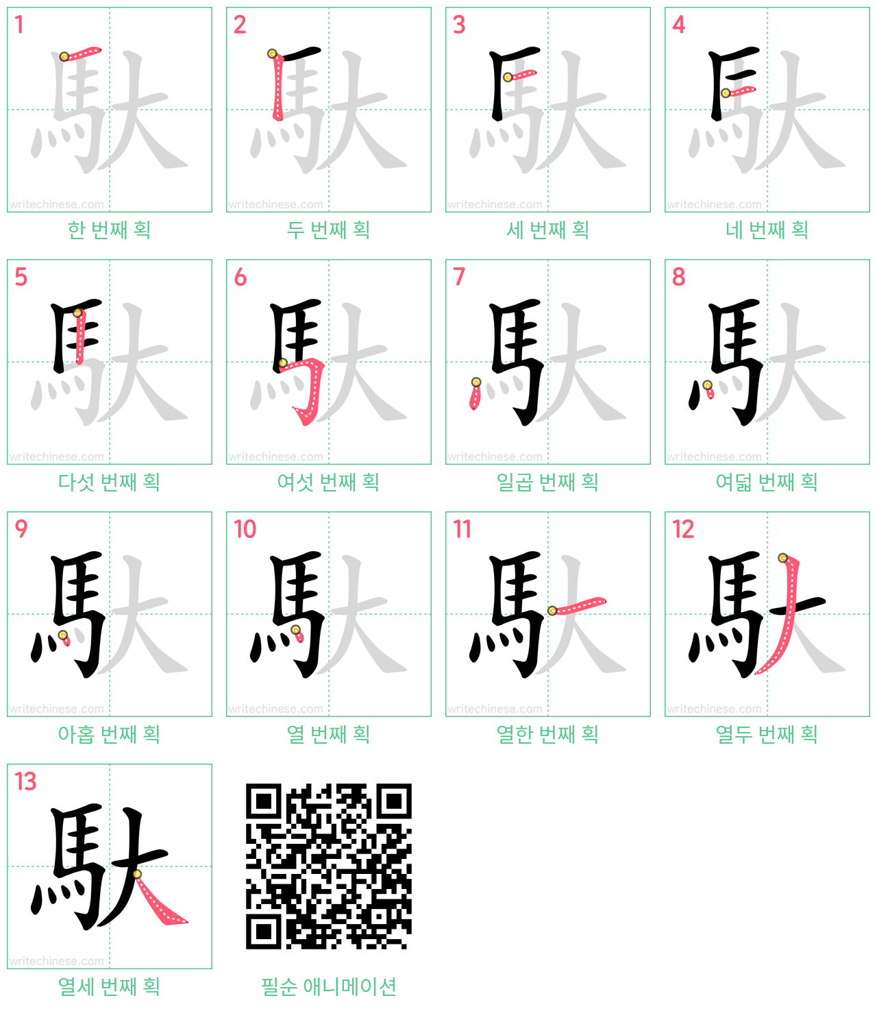馱 step-by-step stroke order diagrams