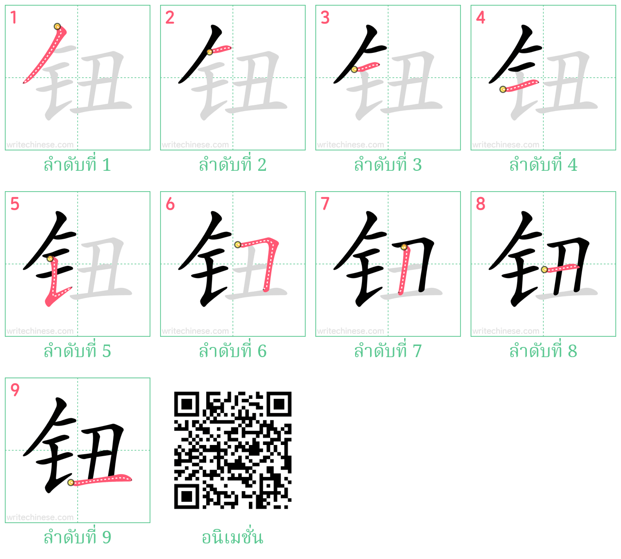 钮 ลำดับการเขียน